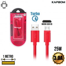 Cabo USB Micro USB V8 Emborrachado Dados e Carregamento Turbo 1m 25W 3.0A Kapbom KA-328-V8 - Vermelho